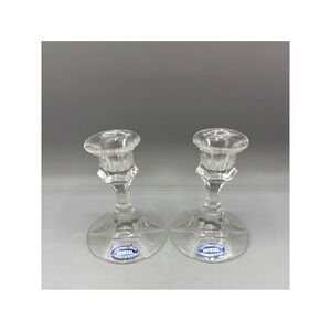 Vtg 24% Full Lead Crystal Candlestick Holders Pair Clear Glass‎ USA Made Decor